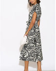 Multi Leaves' print Cotton Linen shirt dress short sleeves in Black