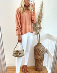 Knitted Plain Colour Brushed Bell Sleeves Jumper