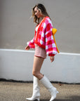 Red White Checked Print Pattern with Big Bow design Hand Knit Cardigan