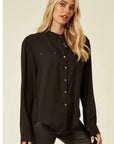 Mandarin Collar Plain color Chiffon Shirt (Black)