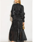 Silky feeling organza midi dress with ruffle design on sleeves and skirt hem in Black