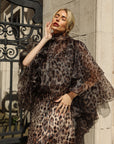 Leopard Print Organza Ruffle Statement Maxi Dress