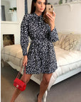 Long Sleeve Shirt Dress with Tie Waist in Black and White Print