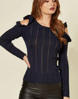 Frilled Cold Shoulder pointelle stitch top (Navy)