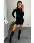 Frilled Cold Shoulder bodycon dress (Black)