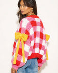 Red White Checked Print Pattern with Big Bow design Hand Knit Cardigan