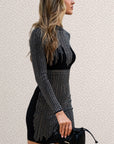 Long Sleeves Diamond Sequin short Dress in Black