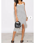 Knitted stripe print with straps design midi bodycon dress in white