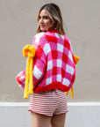 Red White Checked Print Pattern with Big Bow design Hand Knit Cardigan