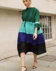 Multi-Colour Pleated Midi Dress With Adjustable Waist In Green