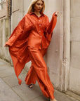Sunset Satin Cape-Sleeve Shirt & Wide-Leg Trouser Co-Ord In Orange