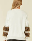 Leopard look faux fur embellished sleeves jumper