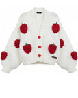 Hand-Knitted Strawberry Appliqué Cardigan in Ivory