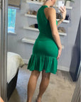 High Neck Pleated Metallic Bodycon Dress Knee Length In Green