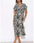 Multi Leaves' print Cotton Linen shirt dress short sleeves in Black