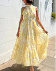 Multi floral print Organza feeling Halter neck maxi dress in yellow