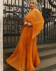 Pleated long dress with organza pleated cape sleeves in Gold