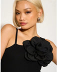 Knitted stretch cotton Bodycon midi dress with Camellias Brooches in black