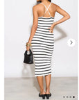 Knitted stripe print with straps design midi bodycon dress in white