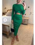 Long Sleeve Knit crop top with side lace up midi skirt co-ords in green