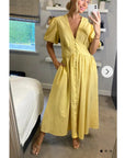 Check print Cotton Blend Puff sleeves midi dress in Yellow