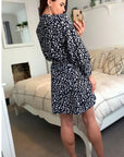 Long Sleeve Shirt Dress with Tie Waist in Black and White Print