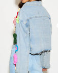 Statement Denim Jacket with Hand-Crochet Floral Appliqué