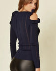 Frilled Cold Shoulder pointelle stitch top (Navy)
