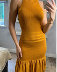 High Neck Pleated Metallic Bodycon Dress Knee Length In Gold