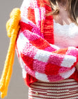 Red White Checked Print Pattern with Big Bow design Hand Knit Cardigan
