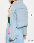 Statement Denim Jacket with Hand-Crochet Floral Appliqué