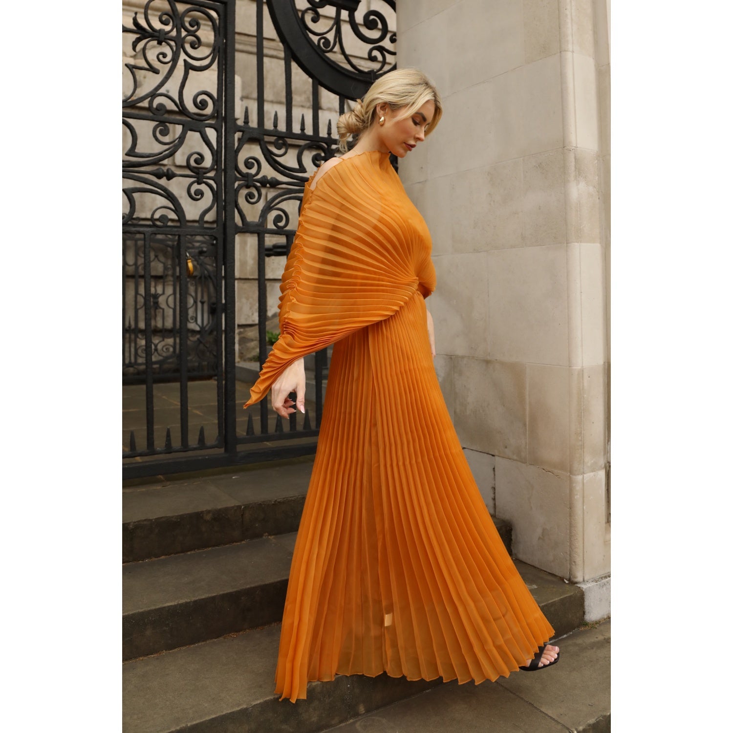 Pleated long dress with organza pleated cape sleeves in Gold