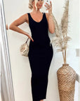 Sleeveless Ribbed Knit Bodycon Dress with Side Split in Black