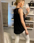 Black Lace Chiffon Top Shirt Blouse with Front Cross Strip Back