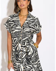Multi Leaves' print Cotton Linen shirt dress short sleeves in Black