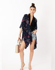 Blue Aztec Tile Print Cotton Long Kimono Cardigan