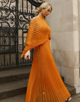 Pleated long dress with organza pleated cape sleeves in Gold