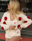 Hand-Knitted Strawberry Appliqué Cardigan in Ivory