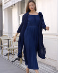 Pleated Midi Dress with Oversized Ruffle Trim Kimono Cardigan Set