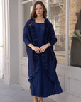 Pleated Midi Dress with Oversized Ruffle Trim Kimono Cardigan Set