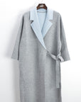 Contrast Lapel Belted Knitted Longline Cardigan in Grey