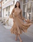 Pleated Fluted Sleeve Handkerchief Hem Maxi Dress with Belt in Beige