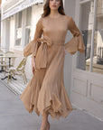 Pleated Fluted Sleeve Handkerchief Hem Maxi Dress with Belt in Beige