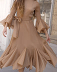 Pleated Fluted Sleeve Handkerchief Hem Maxi Dress with Belt in Beige