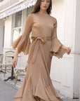 Pleated Fluted Sleeve Handkerchief Hem Maxi Dress with Belt in Beige