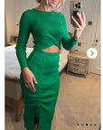 Long Sleeve Knit crop top with side lace up midi skirt co-ords in green