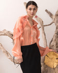 Pleated ruffles with multi dimoned stone embellished sleeves design organza shirt in peach