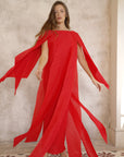 Elegant Pleated Cape Sleeve Maxi Dress with Tie Waist in Red