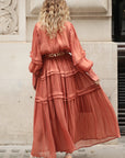 Silky feeling organza midi dress with ruffle design on sleeves and skirt hem