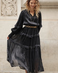 Silky feeling organza midi dress with ruffle design on sleeves and skirt hem in Black